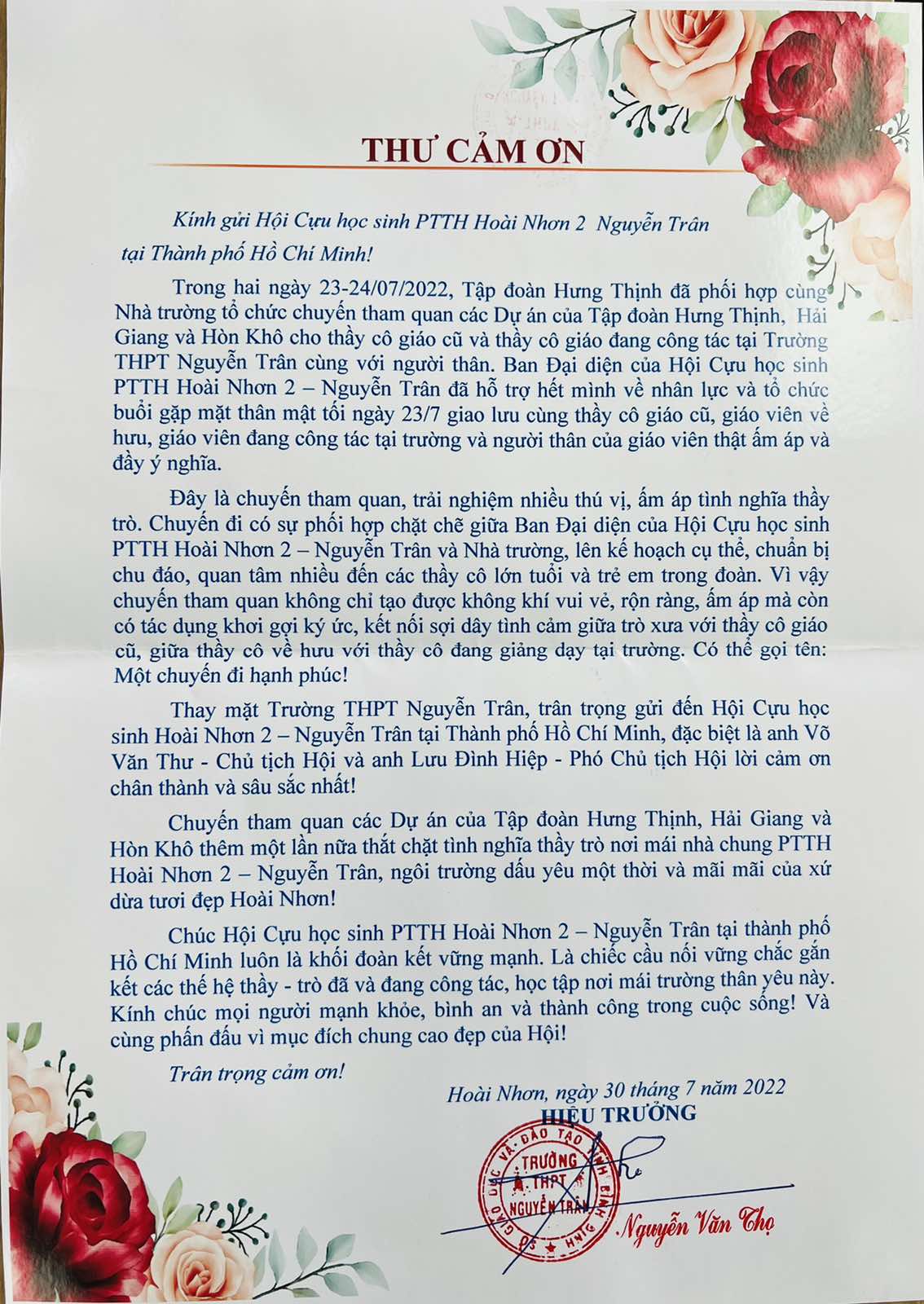 thư cảm ơn Thầy hiệu trưởng gửi Hội cựu học sinh Hoài Nhơn 2 Nguyễn Trân